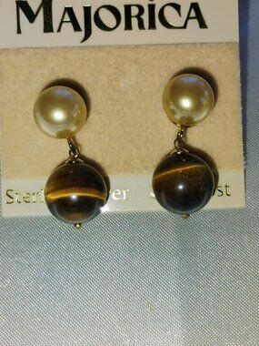 Majorica pearl and tiger eye dangling earrings in sterling silver with 14k posts